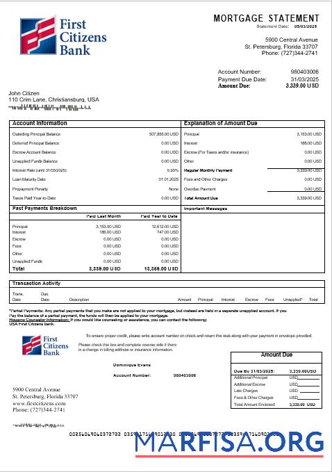 Blank USA First Citizens bank mortgage statement in Word and PDF formats template